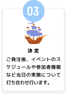 決定 ご発注後、イベントのスケジュールや参加者情報など当日の実施について打ち合わせ行います。